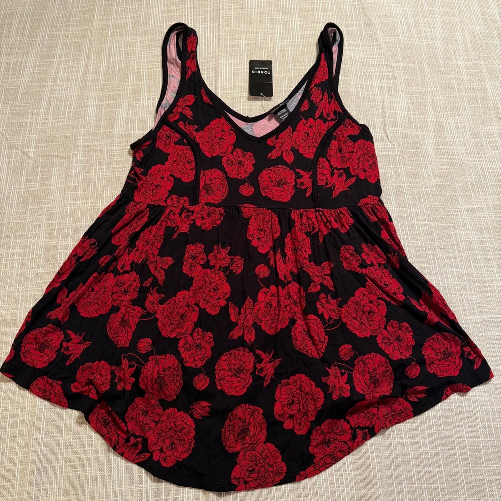 Torrid Floral Rouge Babydoll Tank Top Red Black Rose V-Neck Sleeveless 00 NEW